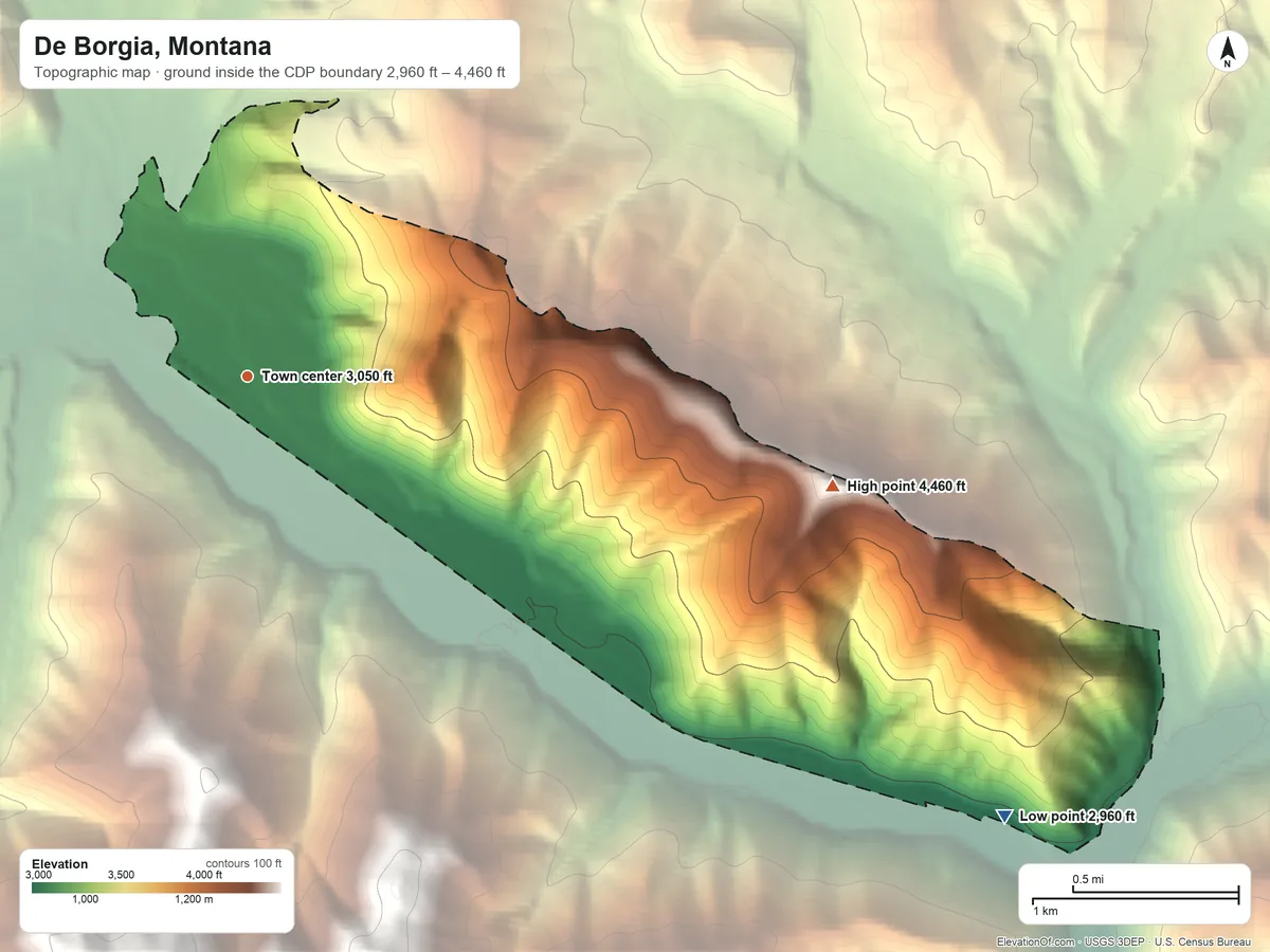 Topographic elevation map of De Borgia, Montana, shaded from 2,960 ft on the southeast side to 4,460 ft on Henderson Hill