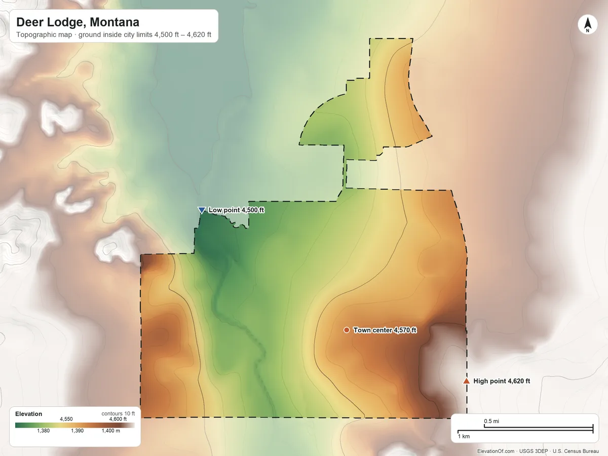 Topographic elevation map of Deer Lodge, Montana, shaded from 4,500 ft on the northwest side to 4,620 ft at the foot of the Flint Creek Range