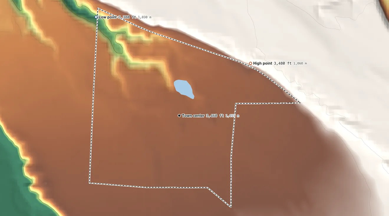 Topographic elevation map of Deerfield Colony, Montana, shaded from 3,380 ft on the northwest side to 3,480 ft on the northeast side
