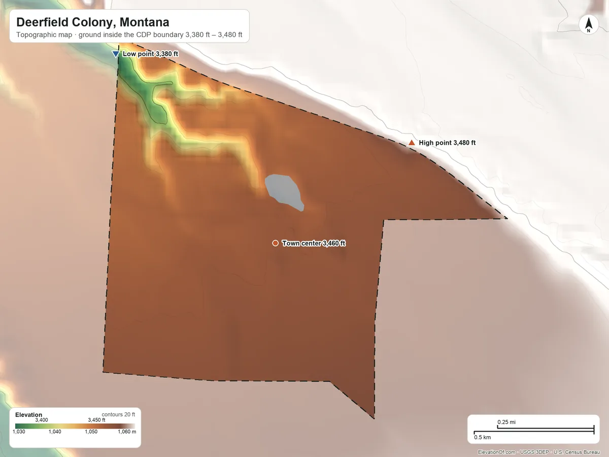 Topographic elevation map of Deerfield Colony, Montana, shaded from 3,380 ft on the northwest side to 3,480 ft on the northeast side