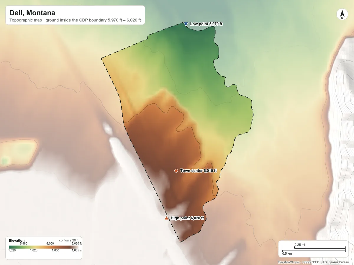 Topographic elevation map of Dell, Montana, shaded from 5,970 ft on the north side to 6,020 ft at the foot of the Tendoy Mountains