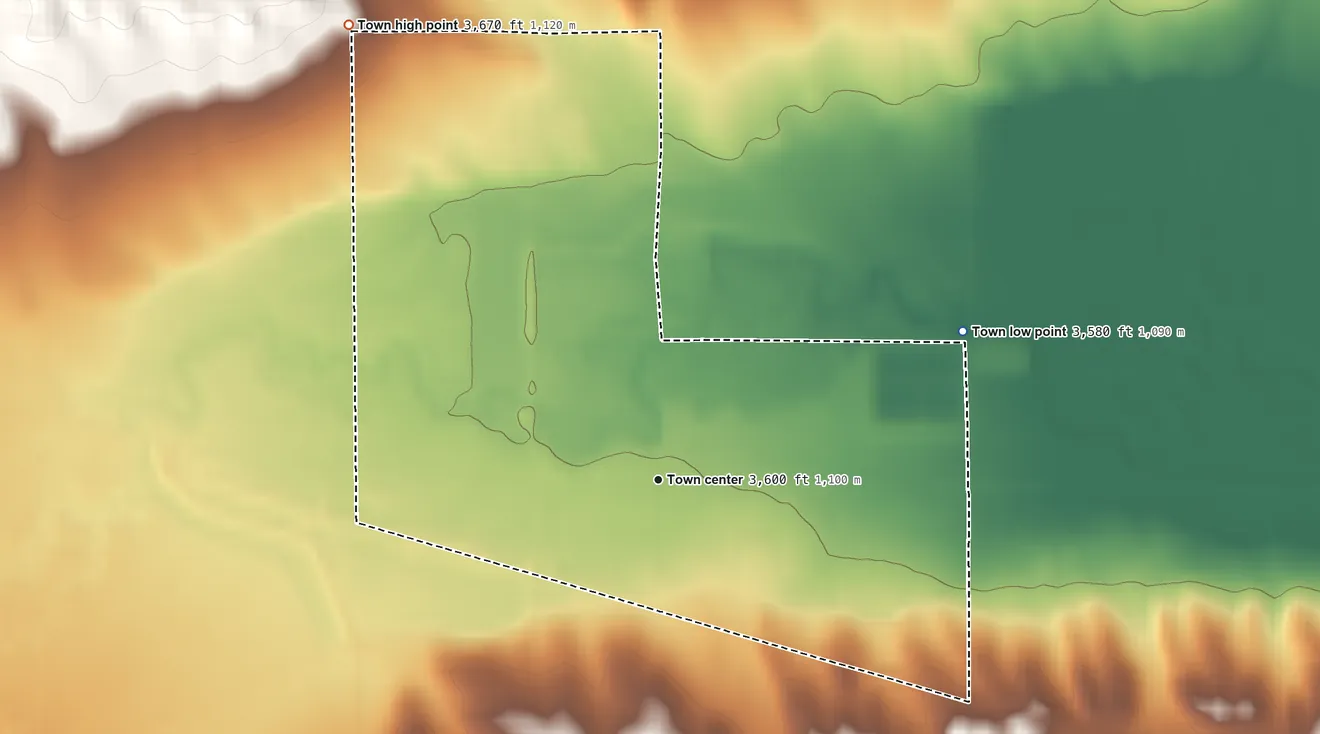 Topographic elevation map of Denton, Montana, shaded from 3,580 ft on the northeast side to 3,670 ft on the northwest side