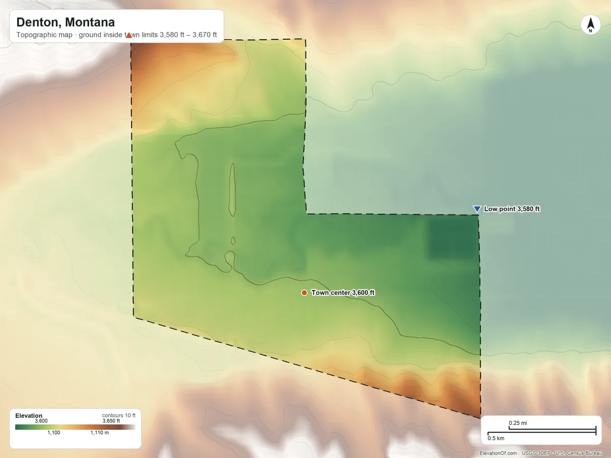 Topographic elevation map of Denton, Montana, shaded from 3,580 ft on the northeast side to 3,670 ft on the northwest side