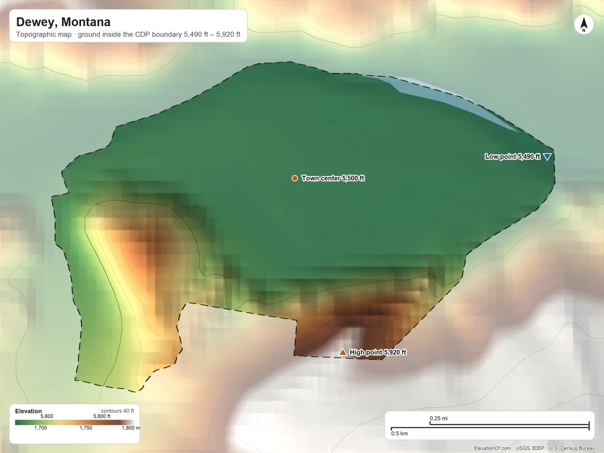 Topographic elevation map of Dewey, Montana, shaded from 5,490 ft on the east side to 5,920 ft at the foot of the Dickie Hills