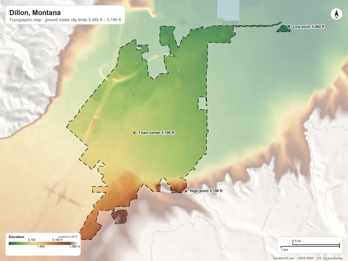 Topographic elevation map of Dillon, Montana, shaded from 5,060 ft on the northeast side to 5,190 ft on the southeast side