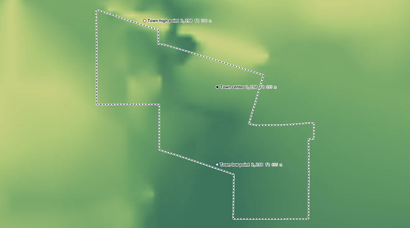 Topographic elevation map of Dodson, Montana, shaded from 2,280 ft on the south side to 2,290 ft on the northwest side