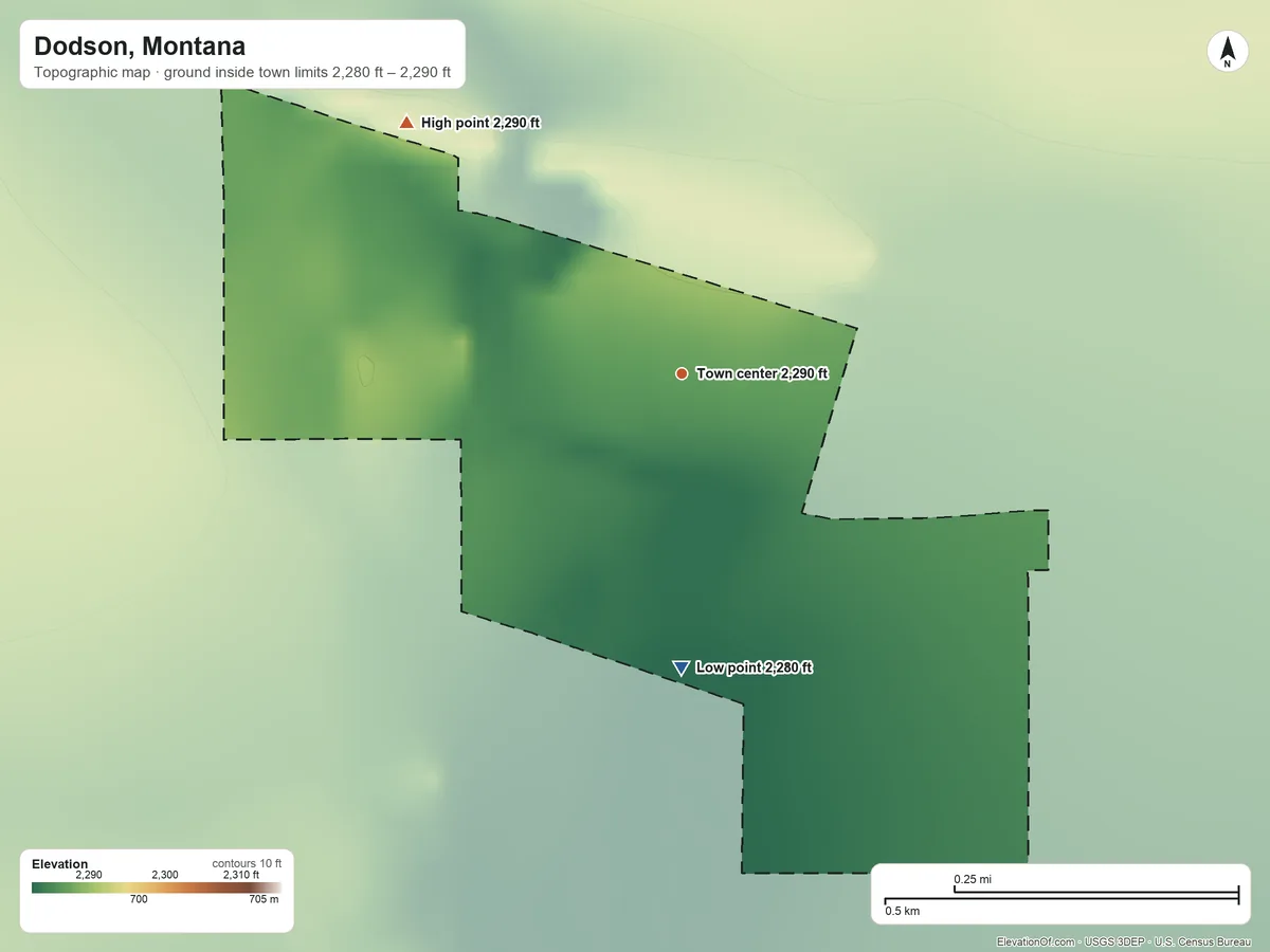 Topographic elevation map of Dodson, Montana, shaded from 2,280 ft on the south side to 2,290 ft on the northwest side