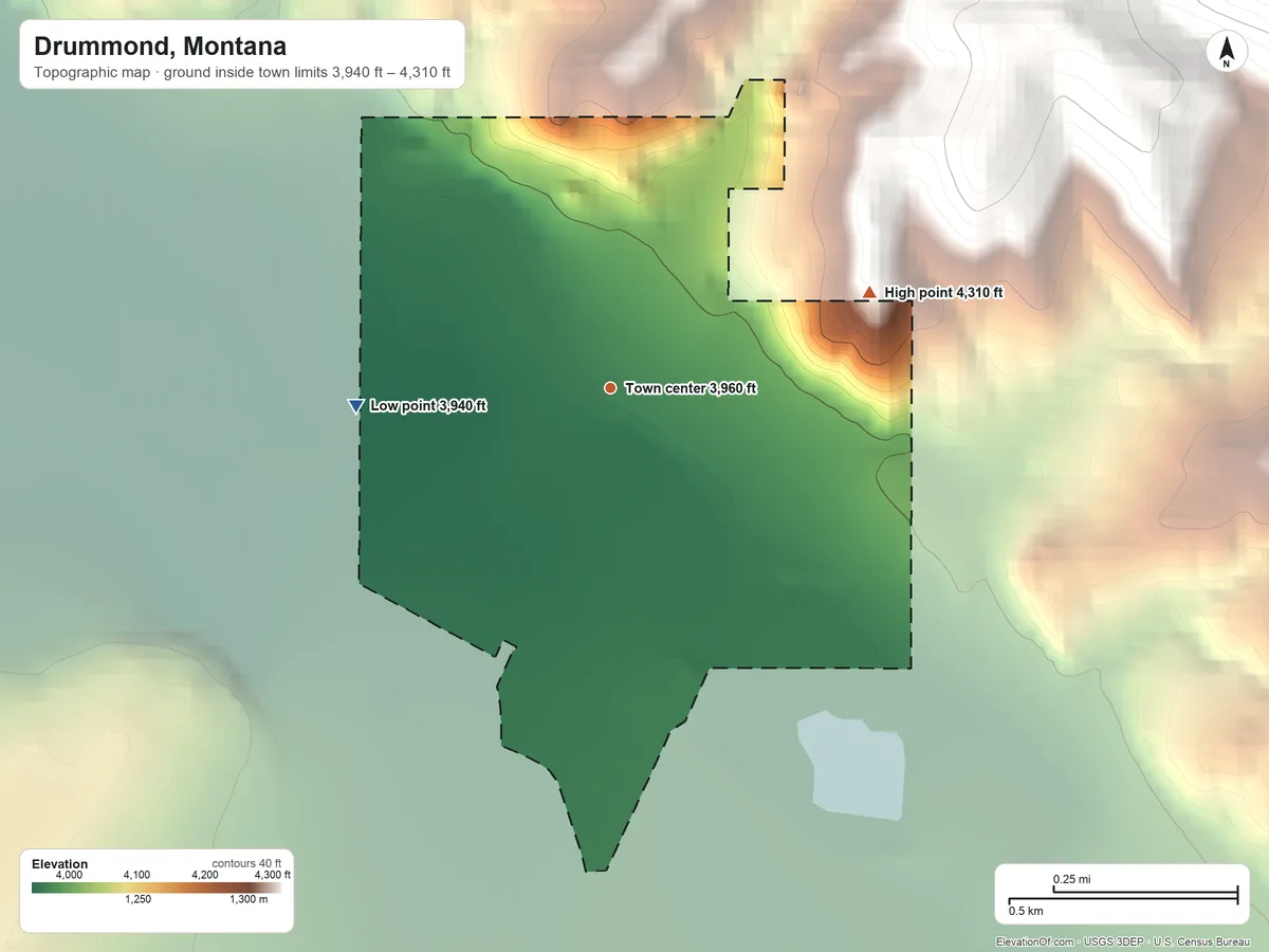 Topographic elevation map of Drummond, Montana, shaded from 3,940 ft on the west side to 4,310 ft at the foot of the Garnet Range