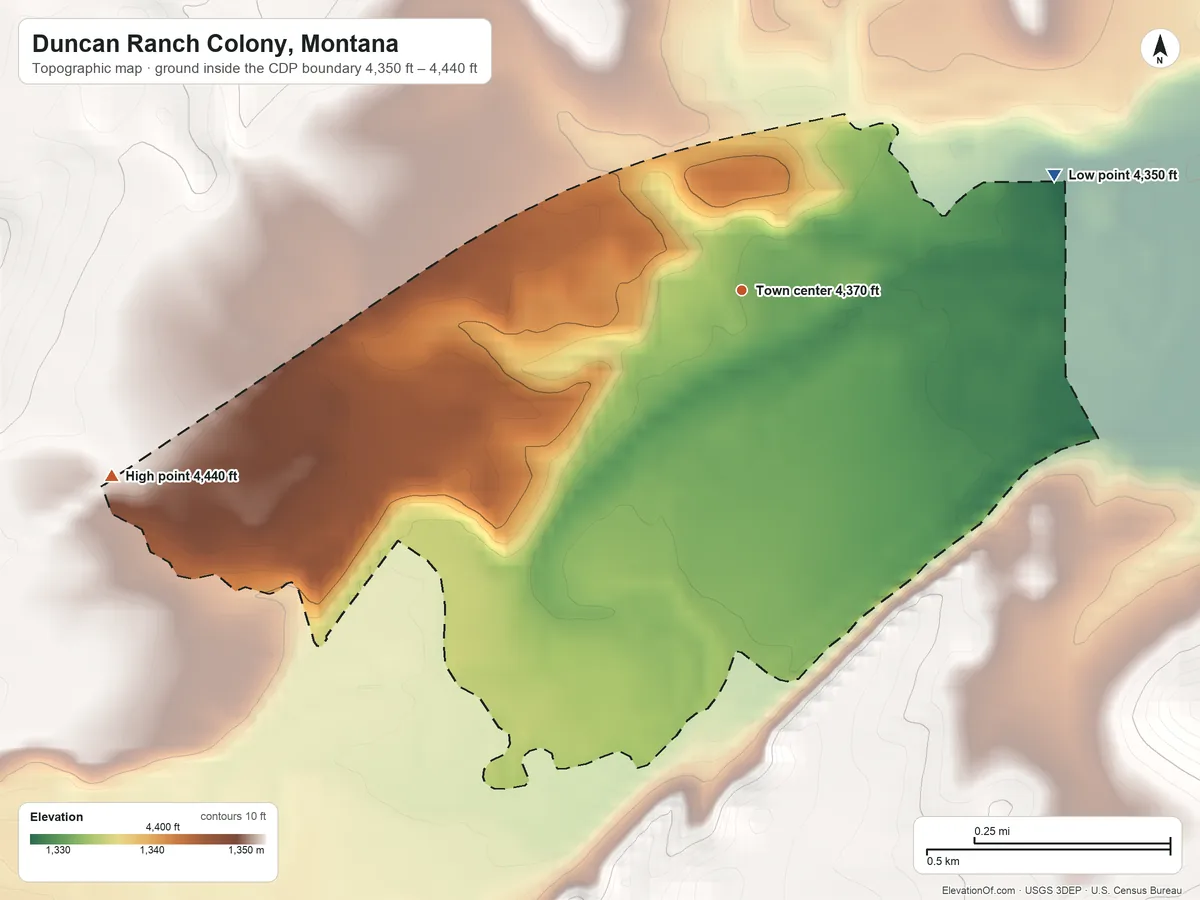 Topographic elevation map of Duncan Ranch Colony, Montana, shaded from 4,350 ft on the east side to 4,440 ft on the west side