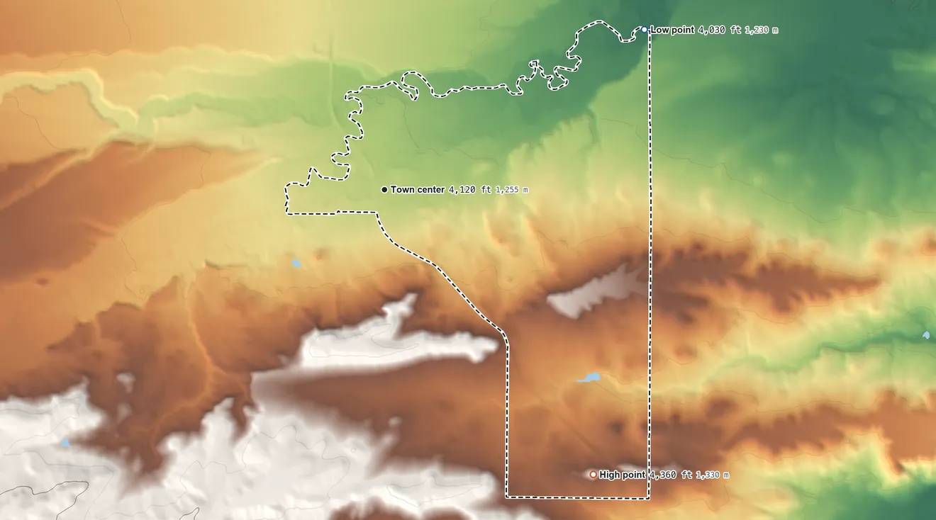 Topographic elevation map of Dupuyer, Montana, shaded from 4,030 ft on the northeast side to 4,360 ft on the southeast side