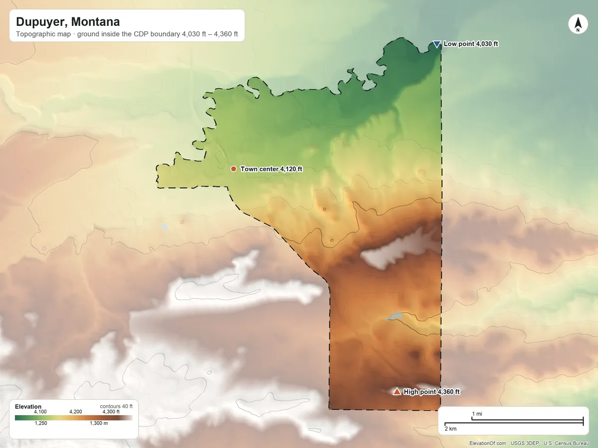 Topographic elevation map of Dupuyer, Montana, shaded from 4,030 ft on the northeast side to 4,360 ft on the southeast side