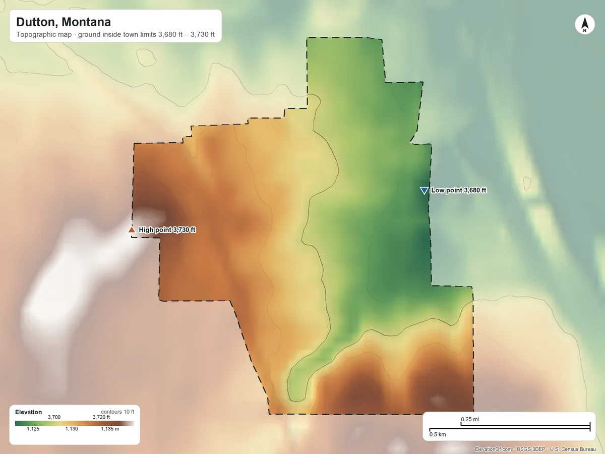 Topographic elevation map of Dutton, Montana, shaded from 3,680 ft on the northeast side to 3,730 ft on the west side