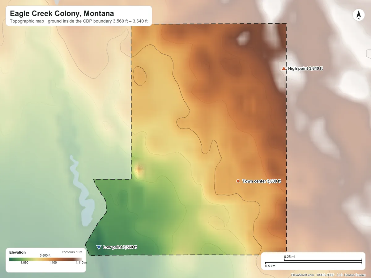 Topographic elevation map of Eagle Creek Colony, Montana, shaded from 3,560 ft on the southwest side to 3,640 ft on the north side