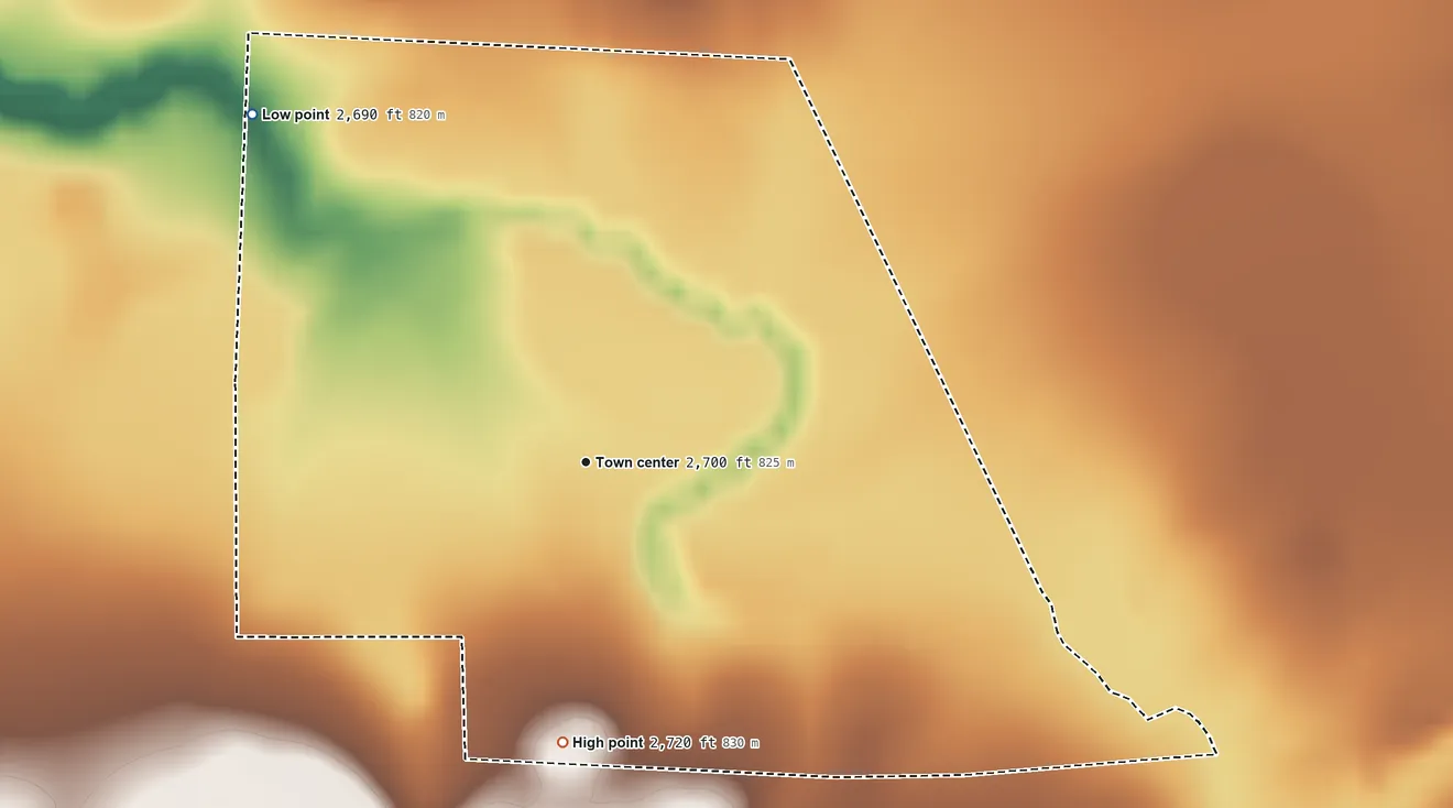 Topographic elevation map of East End Colony, Montana, shaded from 2,690 ft on the northwest side to 2,720 ft on the south side