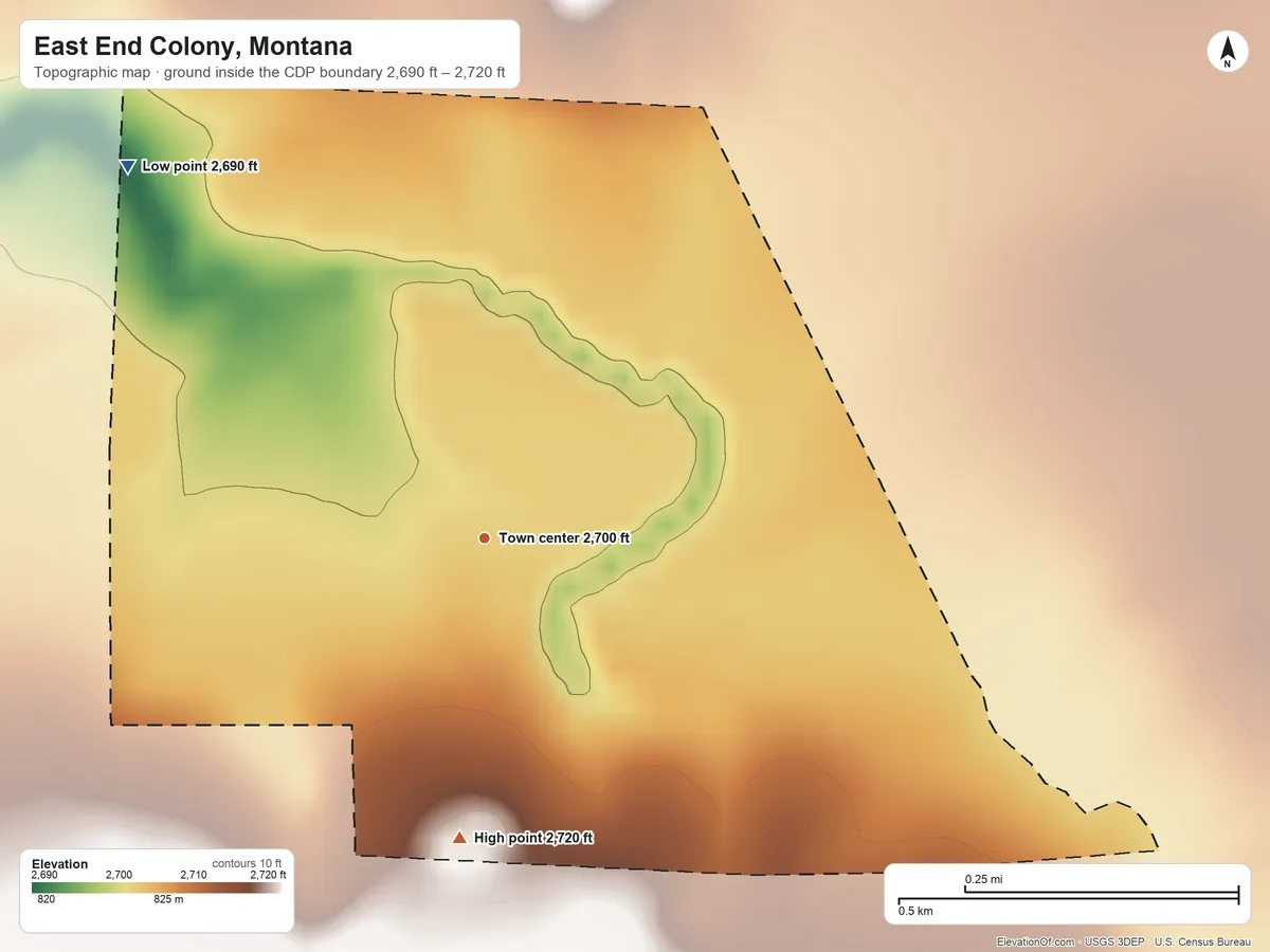 Topographic elevation map of East End Colony, Montana, shaded from 2,690 ft on the northwest side to 2,720 ft on the south side