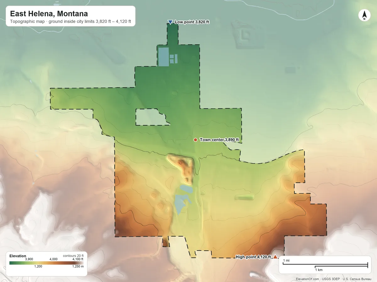 Topographic elevation map of East Helena, Montana, shaded from 3,820 ft on the north side to 4,120 ft at the foot of the Spokane Hills