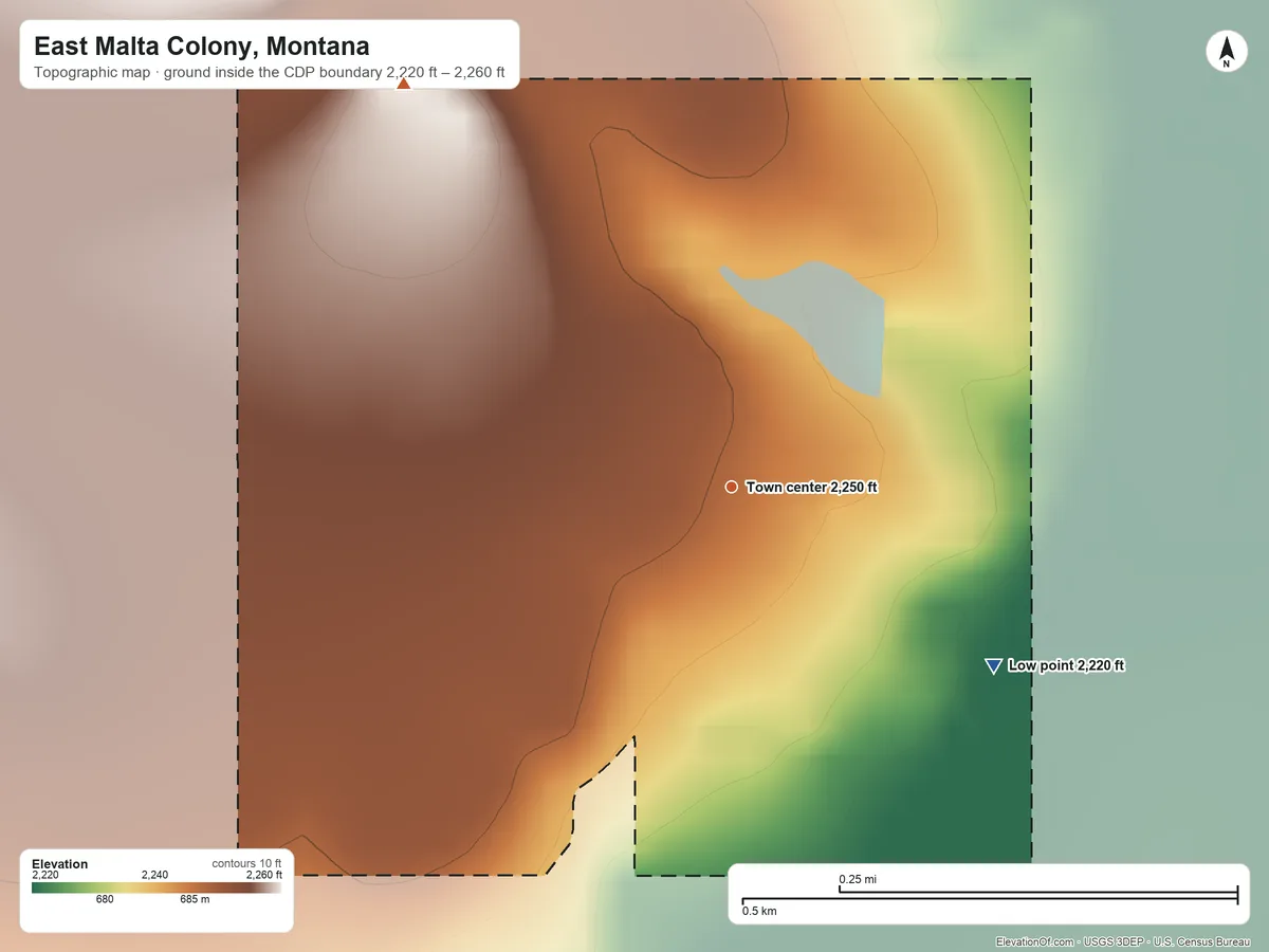 Topographic elevation map of East Malta Colony, Montana, shaded from 2,220 ft on the southeast side to 2,260 ft on the northwest side