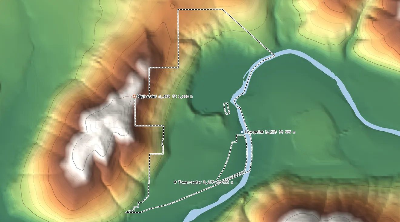 Topographic elevation map of East Missoula, Montana, shaded from 3,210 ft on the northeast side to 4,470 ft at the foot of the North Hills