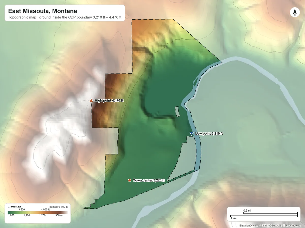 Topographic elevation map of East Missoula, Montana, shaded from 3,210 ft on the northeast side to 4,470 ft at the foot of the North Hills