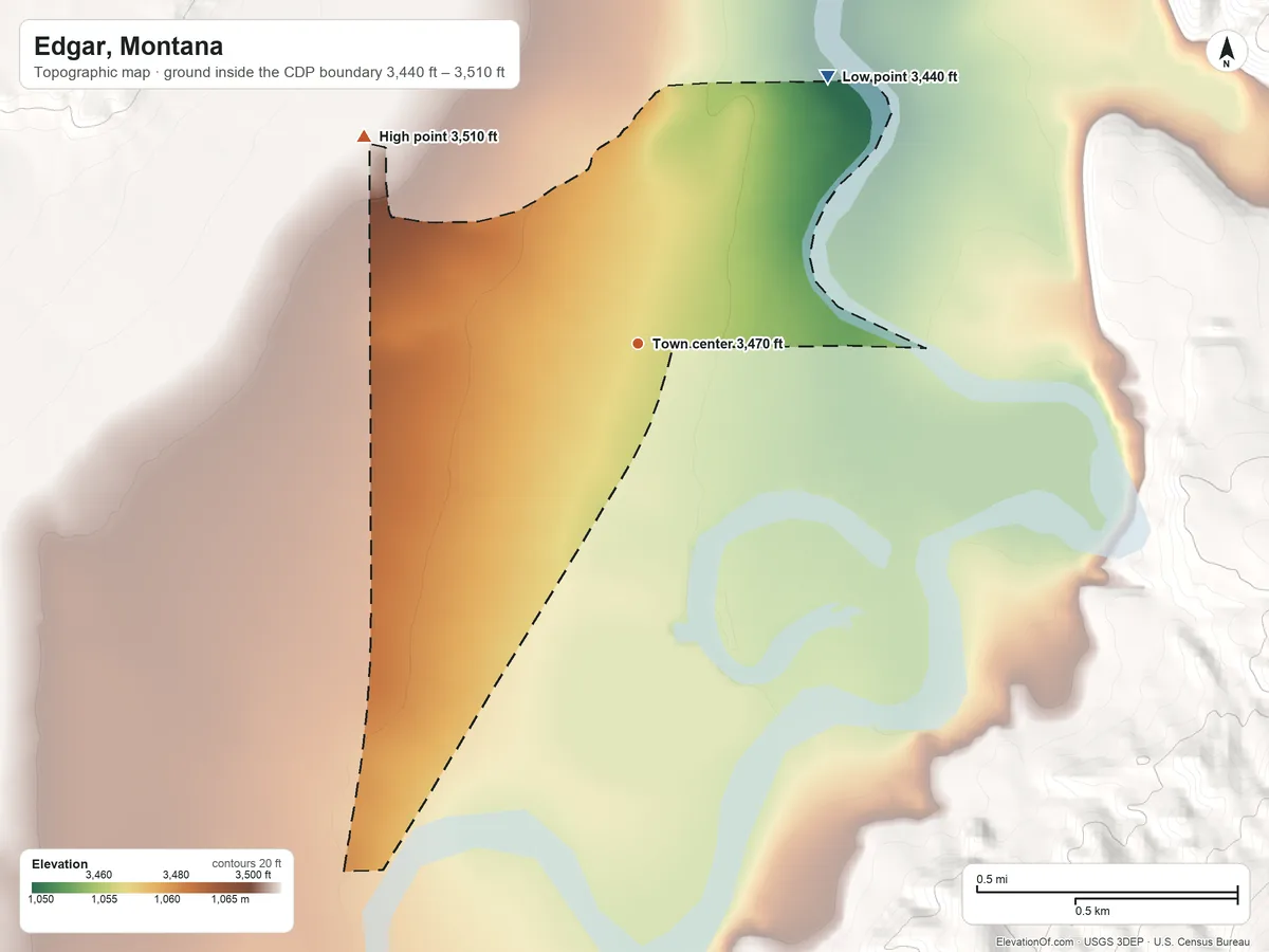 Topographic elevation map of Edgar, Montana, shaded from 3,440 ft on the northeast side to 3,510 ft on the northwest side