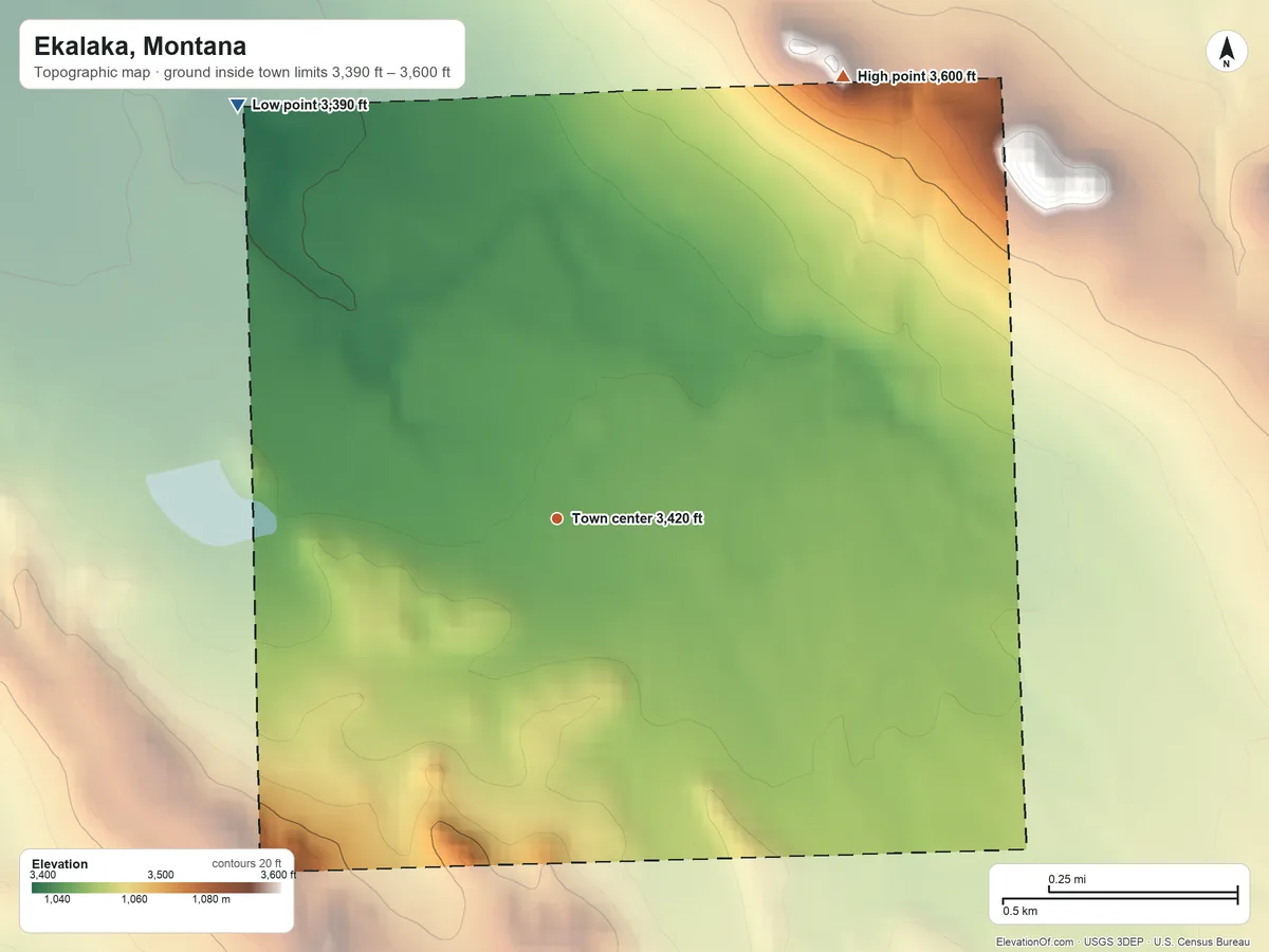 Topographic elevation map of Ekalaka, Montana, shaded from 3,390 ft on the northwest side to 3,600 ft on the northeast side