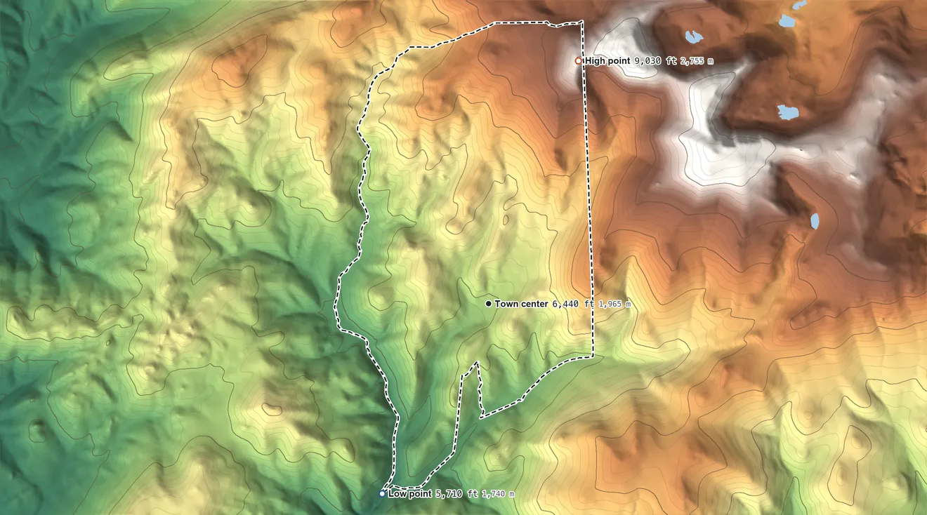 Topographic elevation map of Elkhorn, Montana, shaded from 5,710 ft on the southwest side to 9,030 ft on the north edge, below higher ground just outside