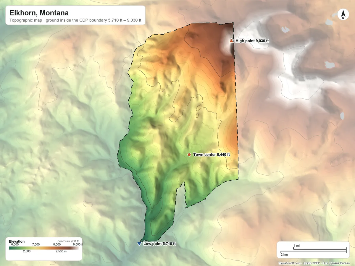 Topographic elevation map of Elkhorn, Montana, shaded from 5,710 ft on the southwest side to 9,030 ft on the north edge, below higher ground just outside
