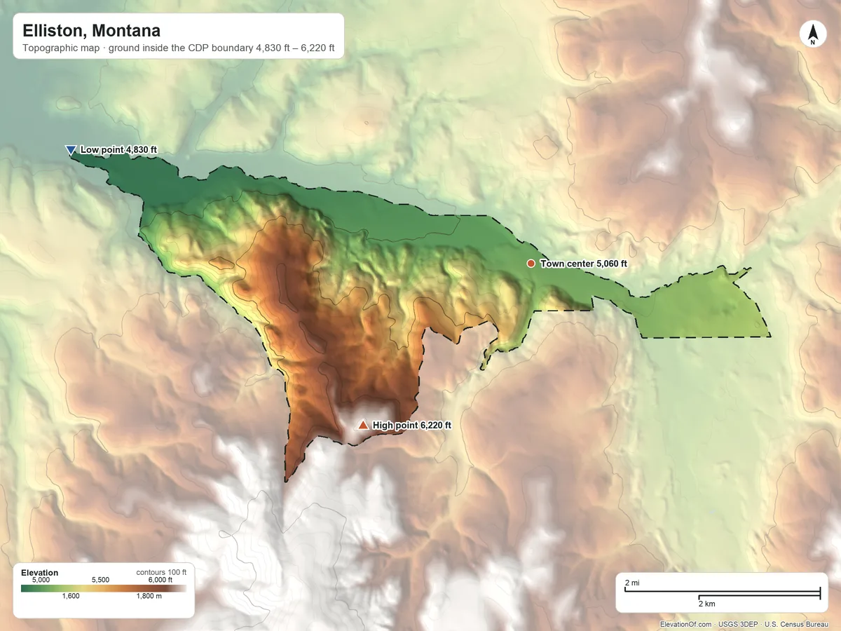Topographic elevation map of Elliston, Montana, shaded from 4,830 ft on the west side to 6,220 ft at the foot of the General Eisenhower Range (not official)