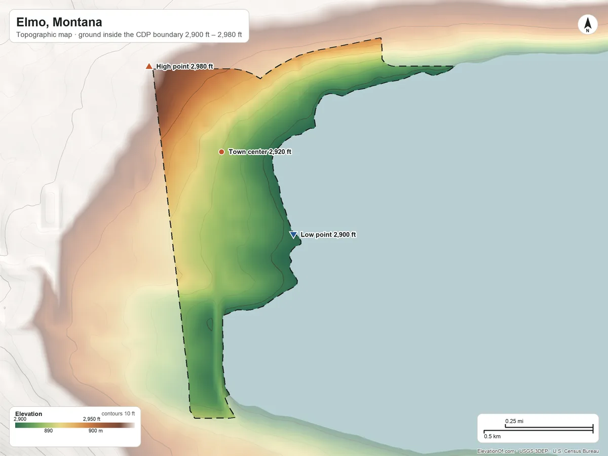Topographic elevation map of Elmo, Montana, shaded from 2,900 ft on the southeast side to 2,980 ft on the northwest edge, below higher ground just outside
