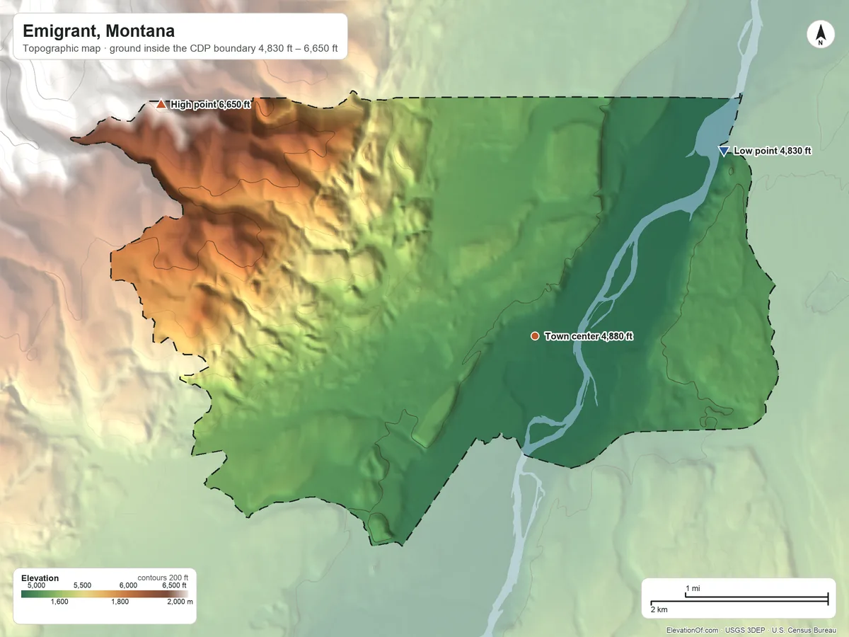 Topographic elevation map of Emigrant, Montana, shaded from 4,830 ft on the northeast side to 6,650 ft at the foot of the Gallatin Range