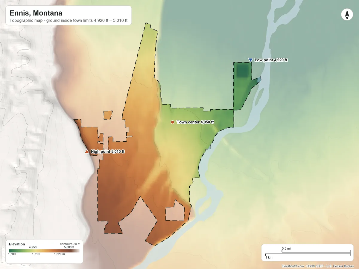 Topographic elevation map of Ennis, Montana, shaded from 4,920 ft on the northeast side to 5,010 ft at the foot of the Madison Range