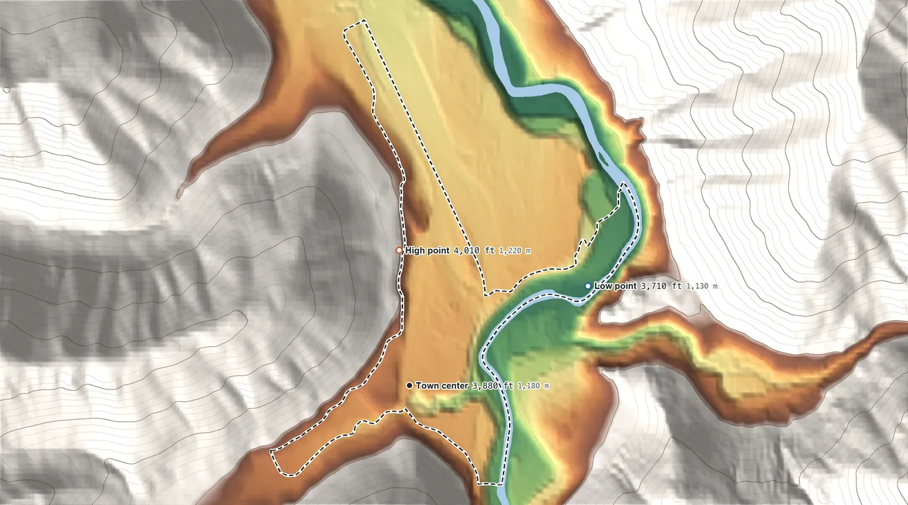 Topographic elevation map of Essex, Montana, shaded from 3,710 ft on the northeast side to 4,010 ft at the foot of the Flathead Range