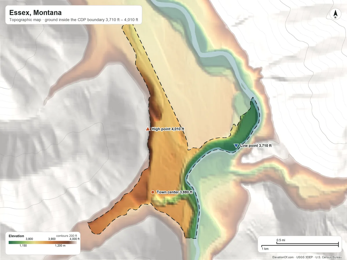 Topographic elevation map of Essex, Montana, shaded from 3,710 ft on the northeast side to 4,010 ft at the foot of the Flathead Range
