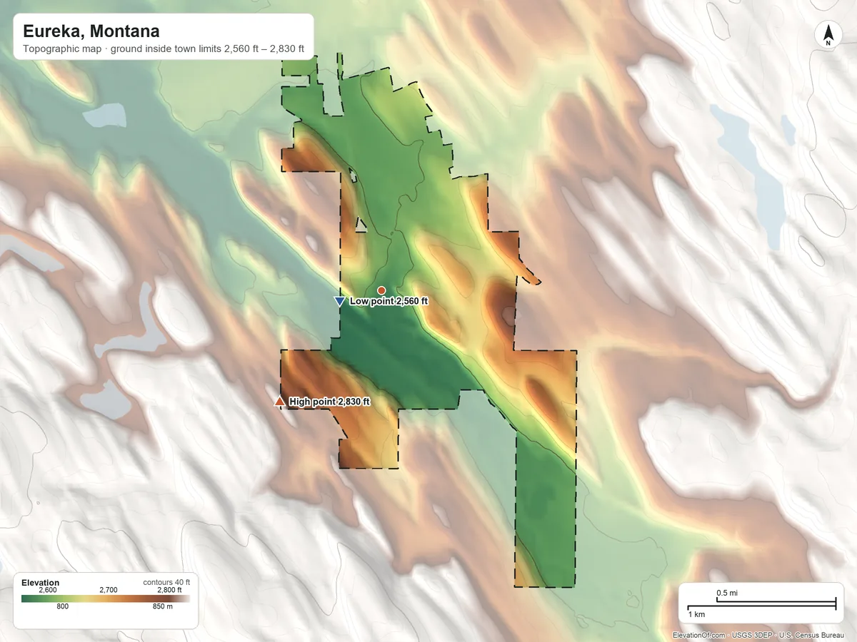 Topographic elevation map of Eureka, Montana, shaded from 2,560 ft near the middle to 2,830 ft at the foot of the Galton Range