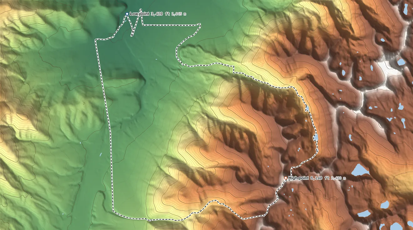 Topographic elevation map of Evaro, Montana, shaded from 3,420 ft on the north side to 8,140 ft on Murphy Peak