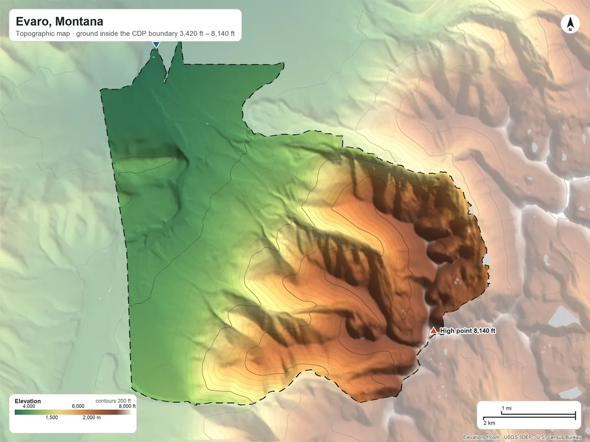 Topographic elevation map of Evaro, Montana, shaded from 3,420 ft on the north side to 8,140 ft on Murphy Peak
