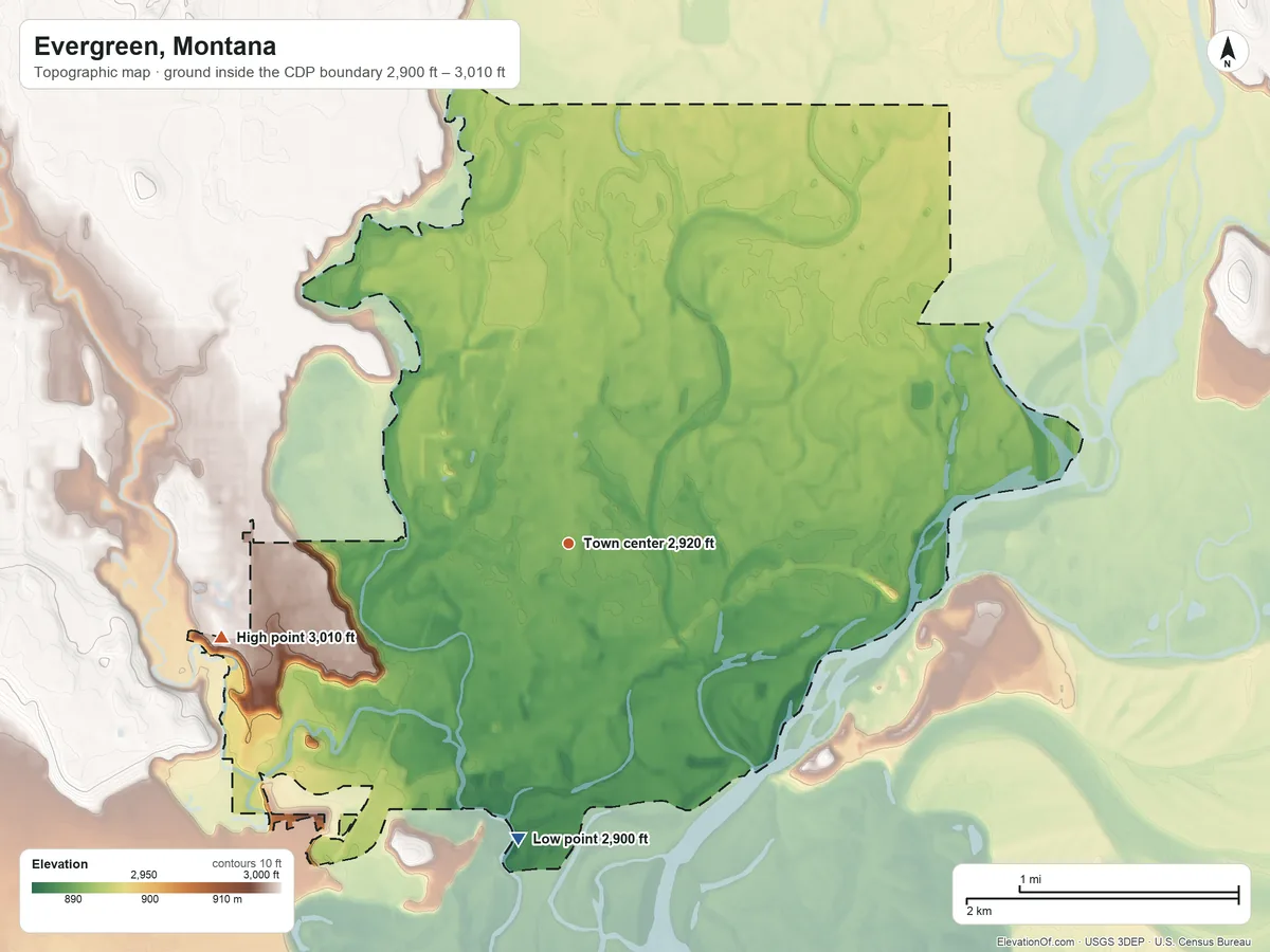 Topographic elevation map of Evergreen, Montana, shaded from 2,900 ft on the south side to 3,010 ft on the west side