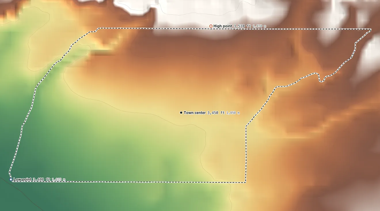 Topographic elevation map of Fair Haven Colony, Montana, shaded from 3,400 ft on the west side to 3,510 ft on the north side