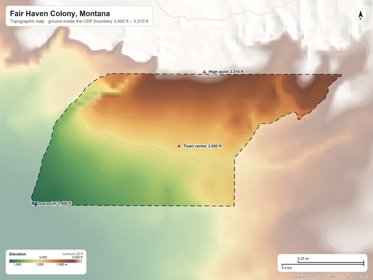 Topographic elevation map of Fair Haven Colony, Montana, shaded from 3,400 ft on the west side to 3,510 ft on the north side