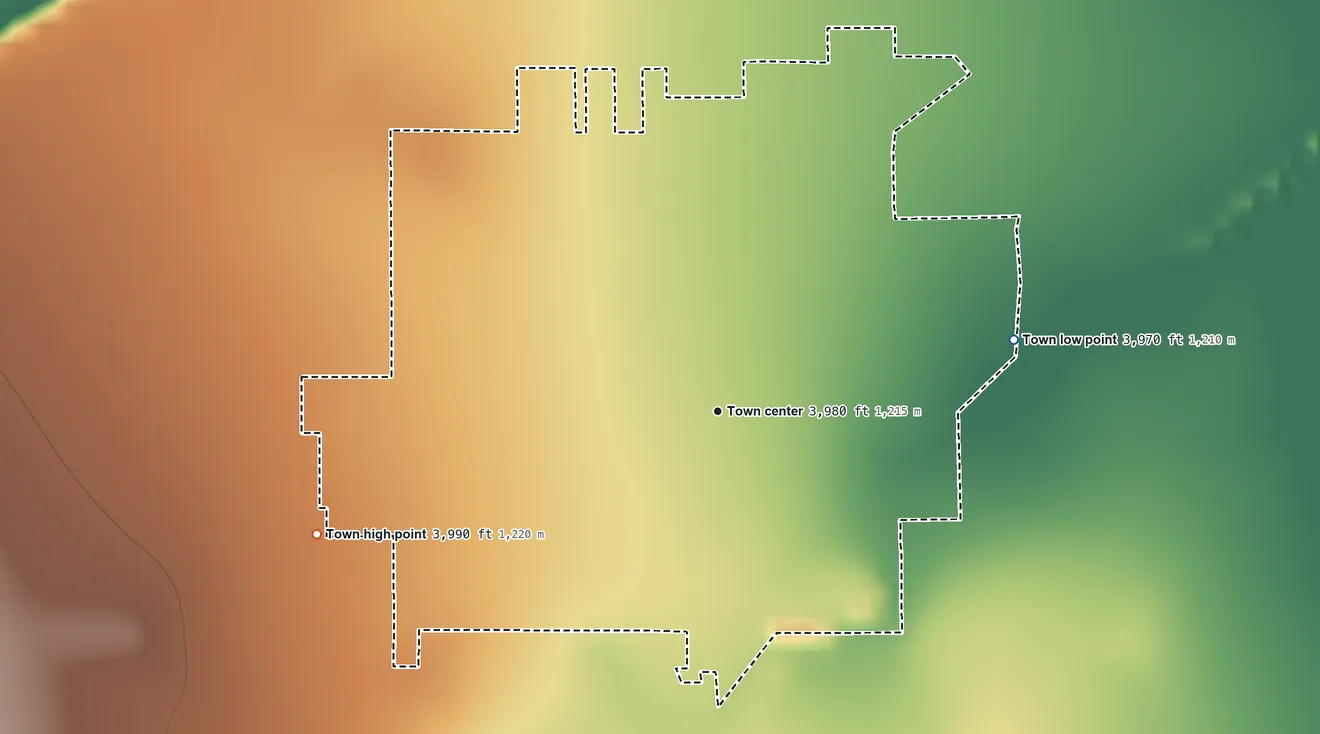 Topographic elevation map of Fairfield, Montana, shaded from 3,970 ft on the east side to 3,990 ft on the west side