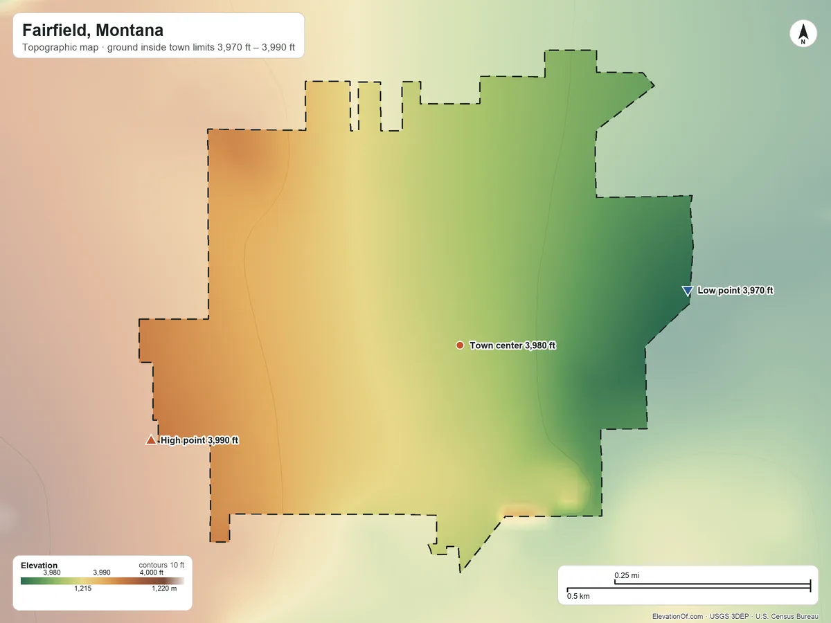 Topographic elevation map of Fairfield, Montana, shaded from 3,970 ft on the east side to 3,990 ft on the west side