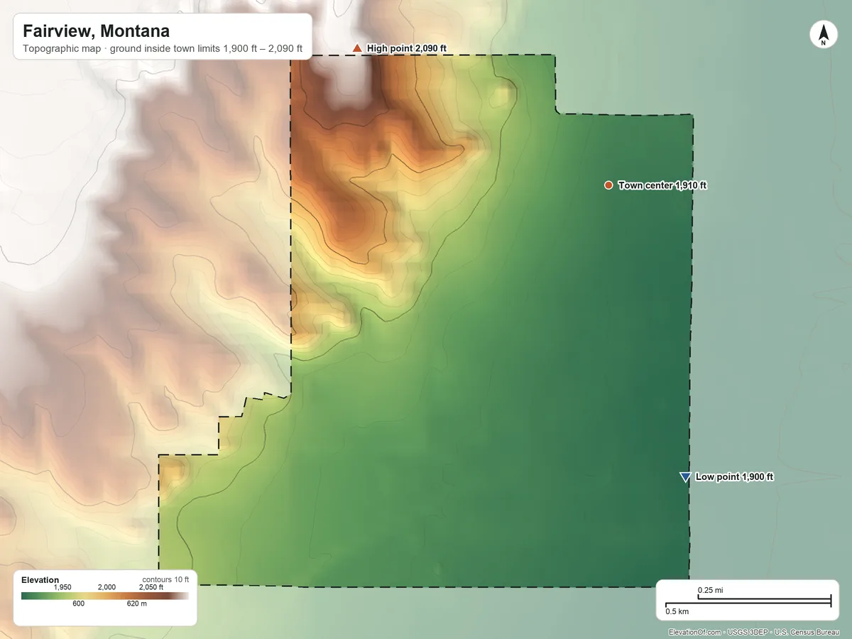 Topographic elevation map of Fairview, Montana, shaded from 1,900 ft on the south side to 2,090 ft on the northwest side