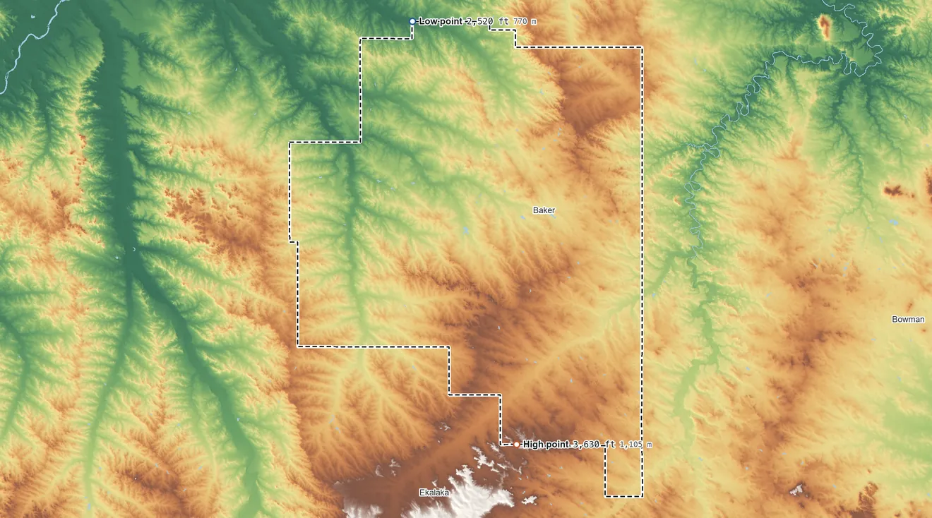 Topographic elevation map of Fallon County, Montana, shaded from 2,520 ft on the north side to 3,630 ft on the south side