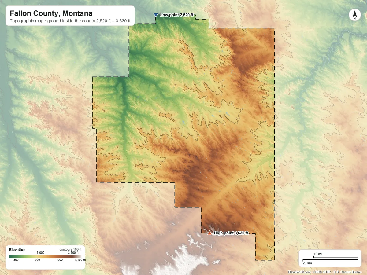 Topographic elevation map of Fallon County, Montana, shaded from 2,520 ft on the north side to 3,630 ft on the south side