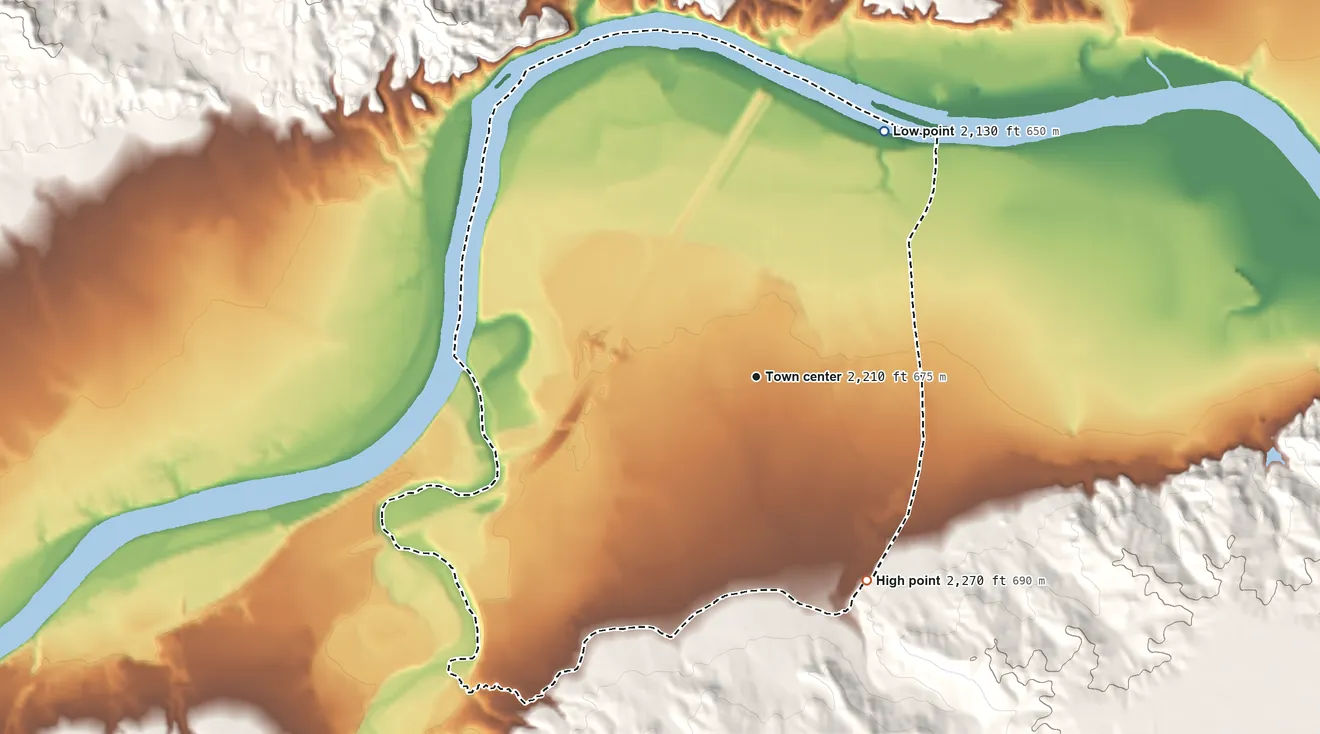 Topographic elevation map of Fallon, Montana, shaded from 2,130 ft on the northeast side to 2,270 ft on the southeast side