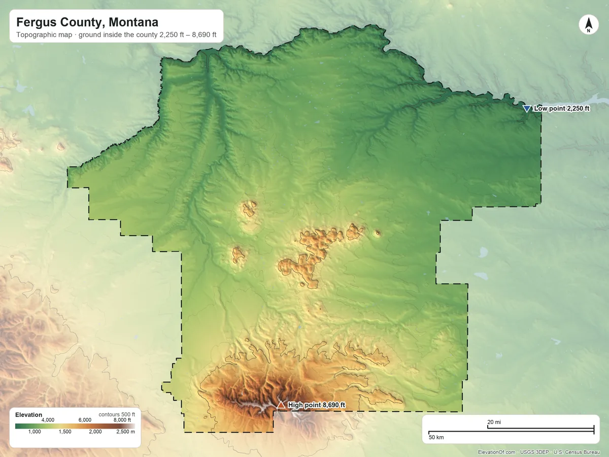 Topographic elevation map of Fergus County, Montana, shaded from 2,250 ft on the northeast side to 8,690 ft on Greathouse Peak