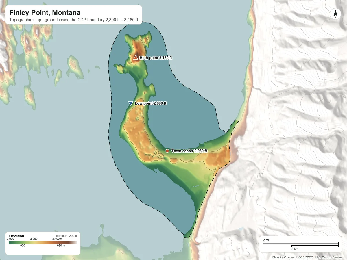 Topographic elevation map of Finley Point, Montana, shaded from 2,890 ft on the northwest side to 3,180 ft on the north side