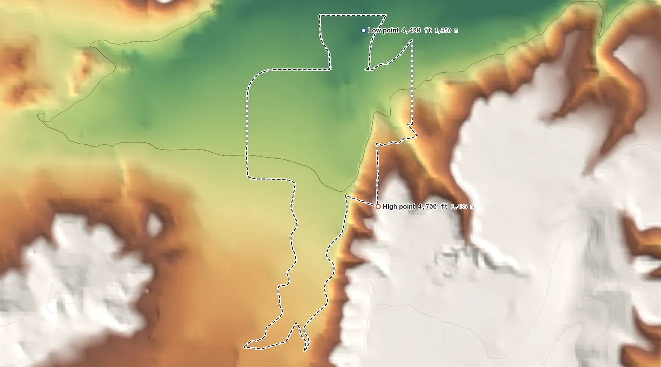 Topographic elevation map of Fishtail, Montana, shaded from 4,420 ft on the north side to 4,700 ft on the south side