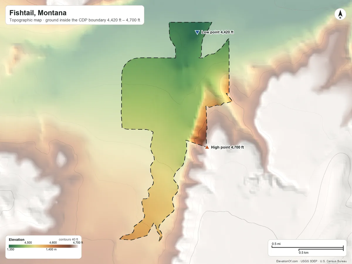 Topographic elevation map of Fishtail, Montana, shaded from 4,420 ft on the north side to 4,700 ft on the south side