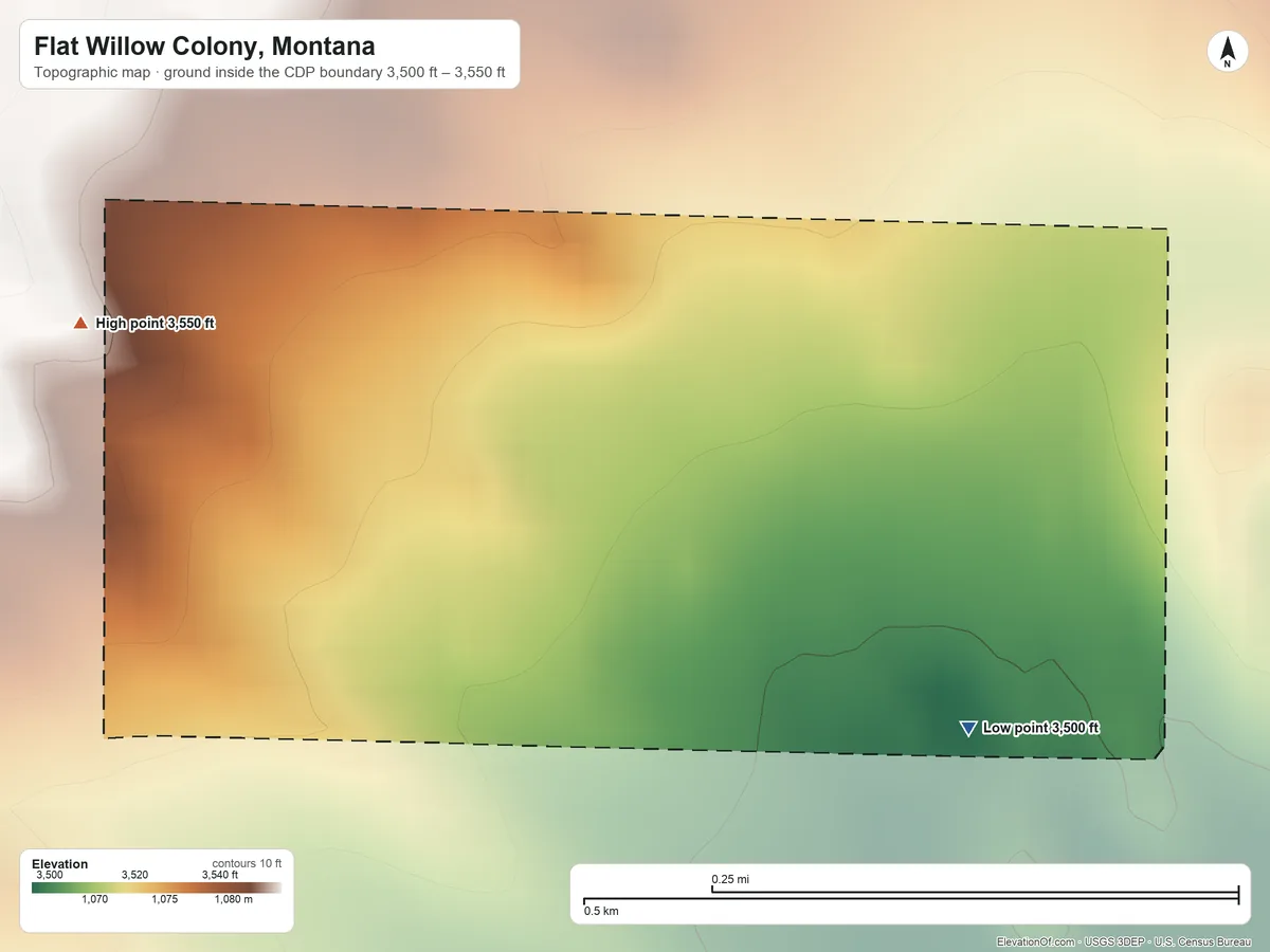 Topographic elevation map of Flat Willow Colony, Montana, shaded from 3,500 ft on the southeast side to 3,550 ft on the west side